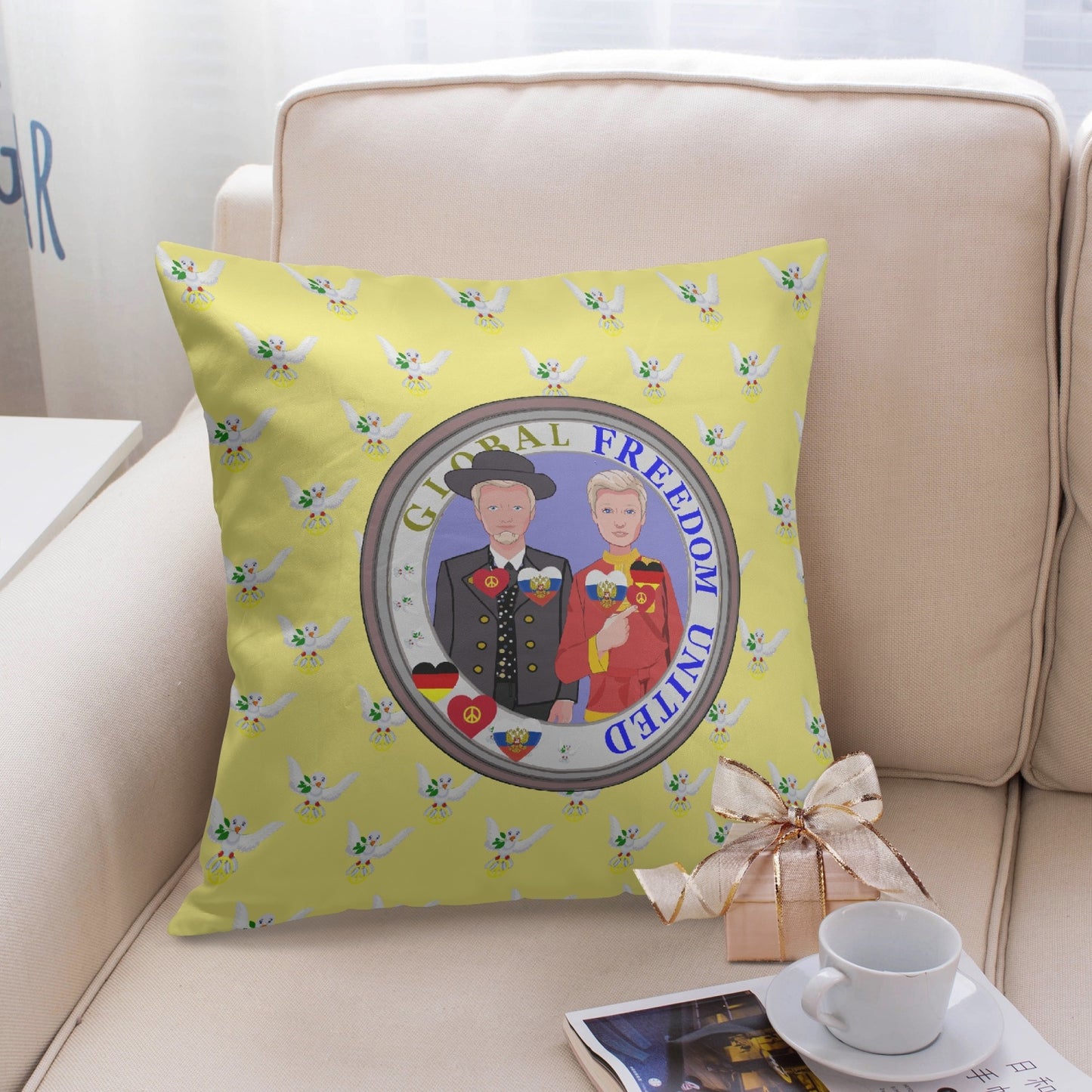 GLOBAL FREEDOM UNITED© Men GERMANY & RUSSIA Yellow 18'' Square Pillow Cover