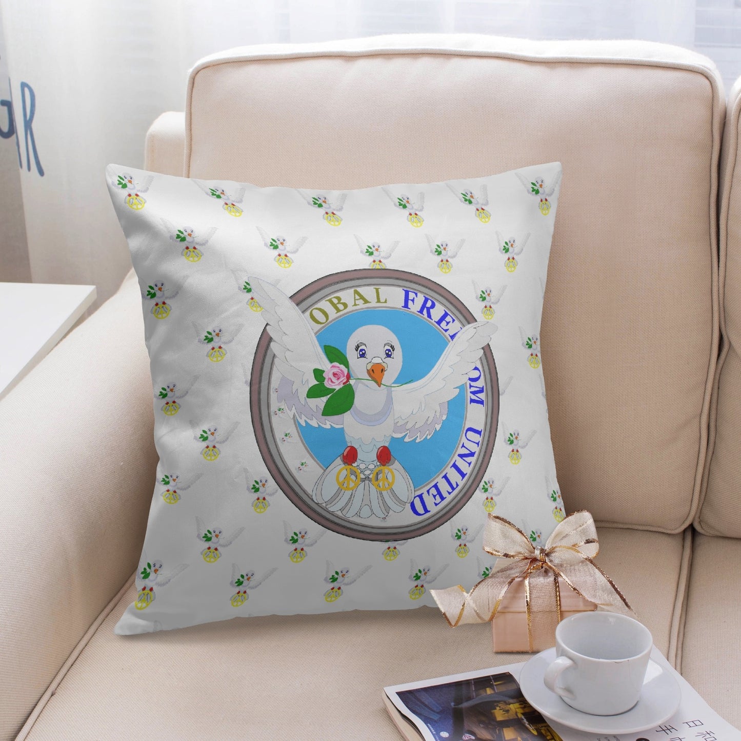 GLOBAL FREEDOM UNITED©  DOVE OF PEACE WIGHT BLUE 18'' Square Pillow Cover