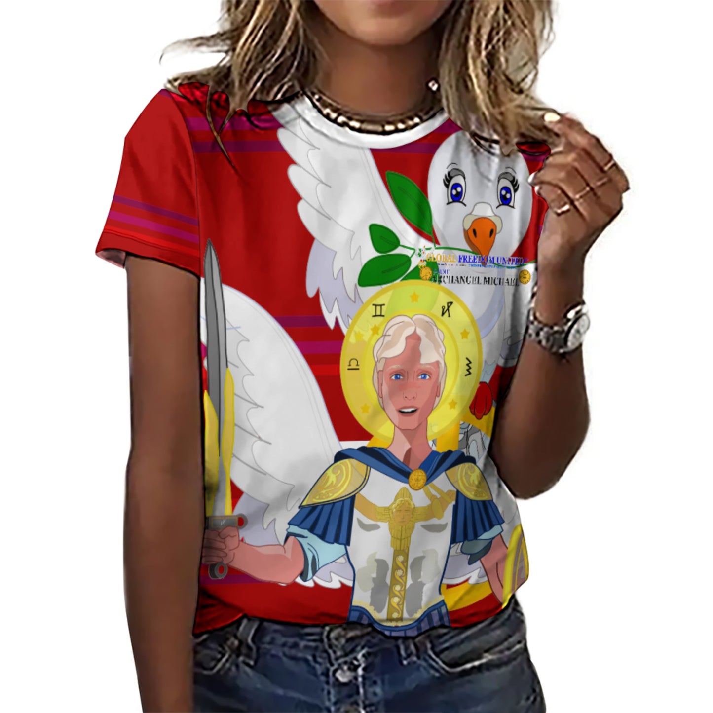 Women´s T-shirt 3 Global Freedom United Archangel Michael English V1 Red