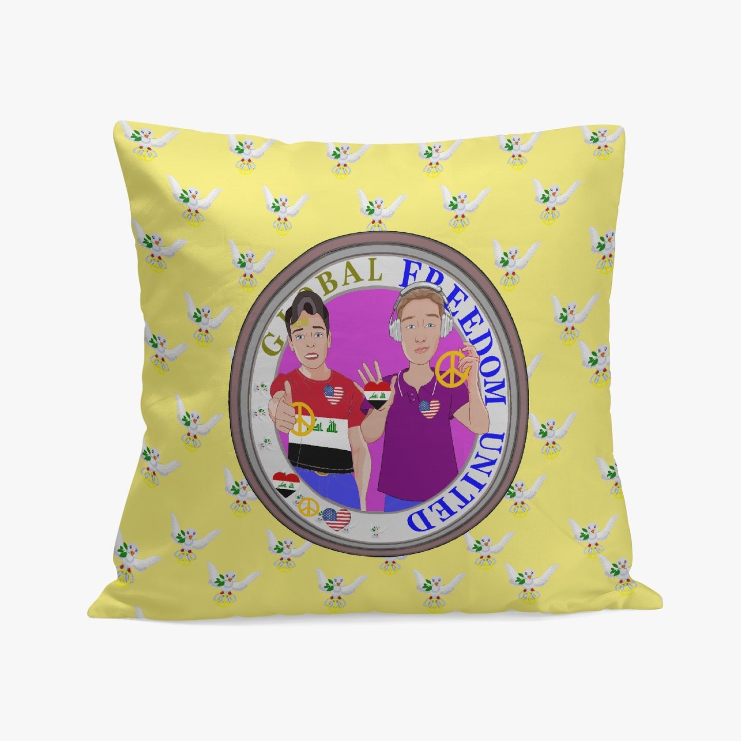 GLOBAL FREEDOM UNITED© Men IRAQ & USA YELLOW 18'' Square Pillow Cover