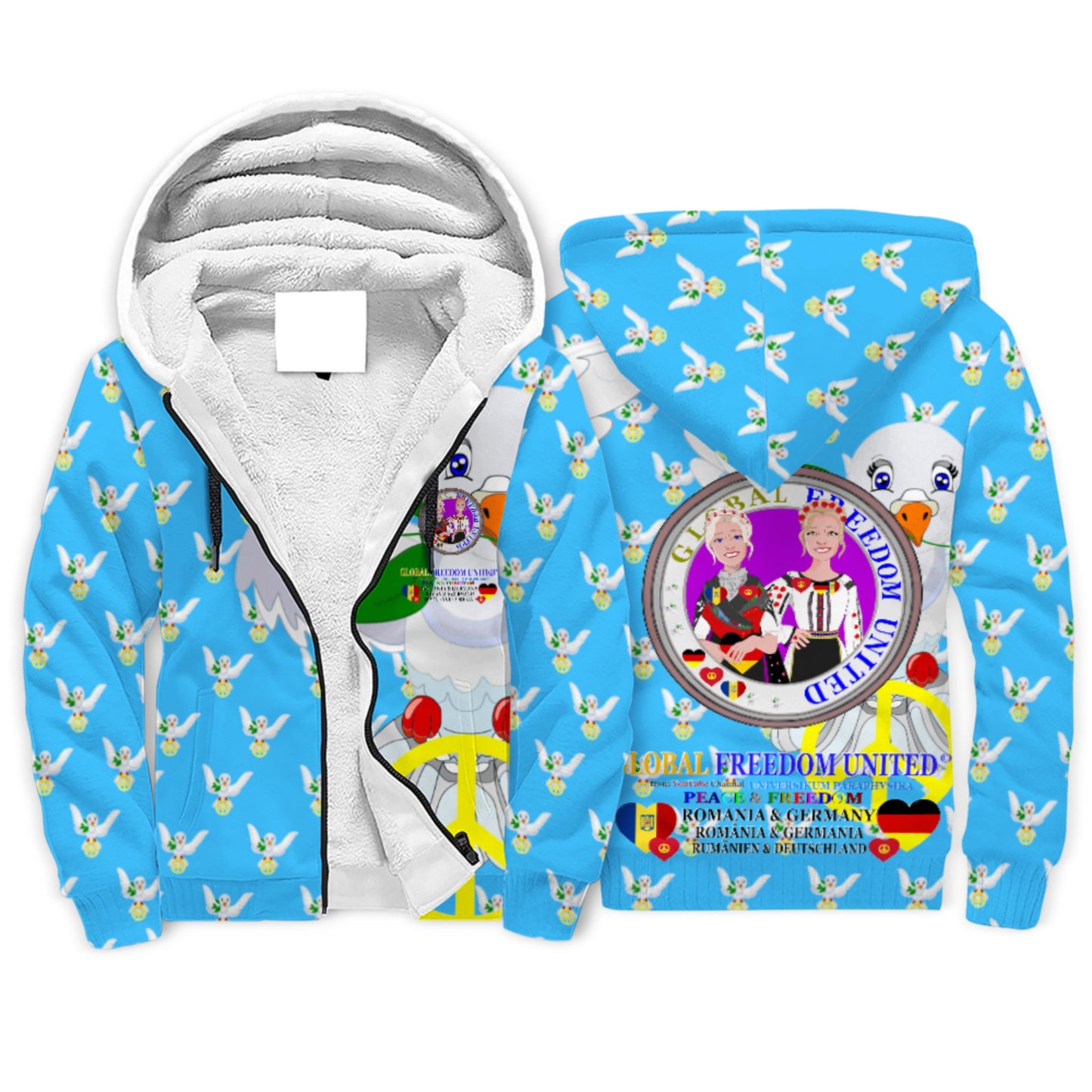 Plush Hoodie GLOBAL FREEDOM UNITED© Women Romania & Germany Blue