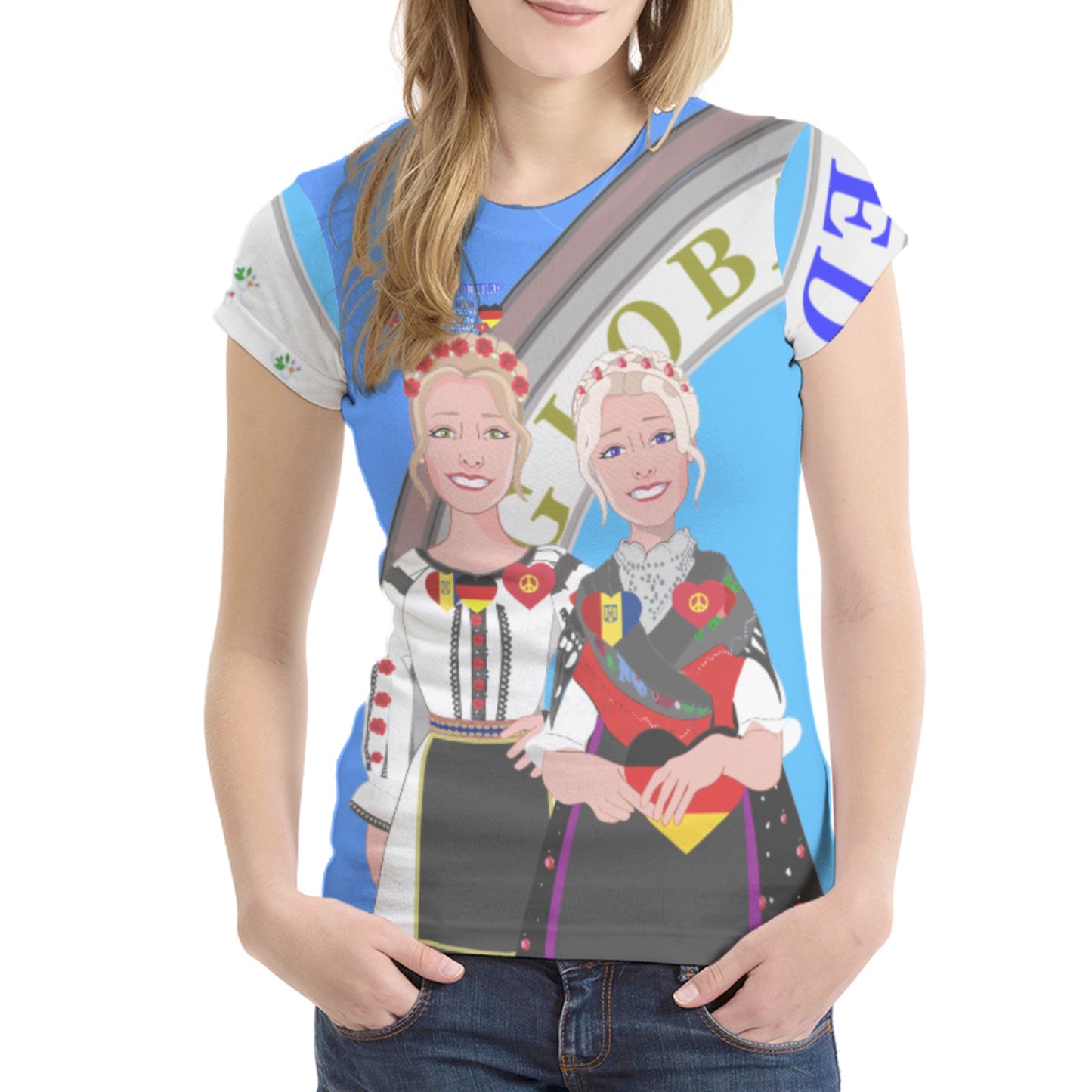 Women´s T-shirt 2 GLOBAL FREEDOM UNITED© Women Romania & Germany Blue