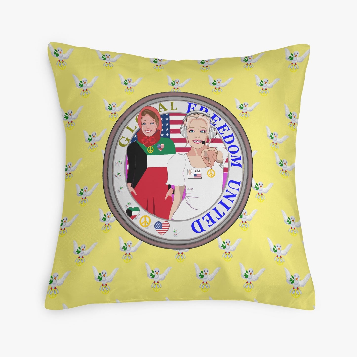 GLOBAL FREEDOM UNITED© Women KUWAIT & USA YELLOW 18'' Square Pillow Cover