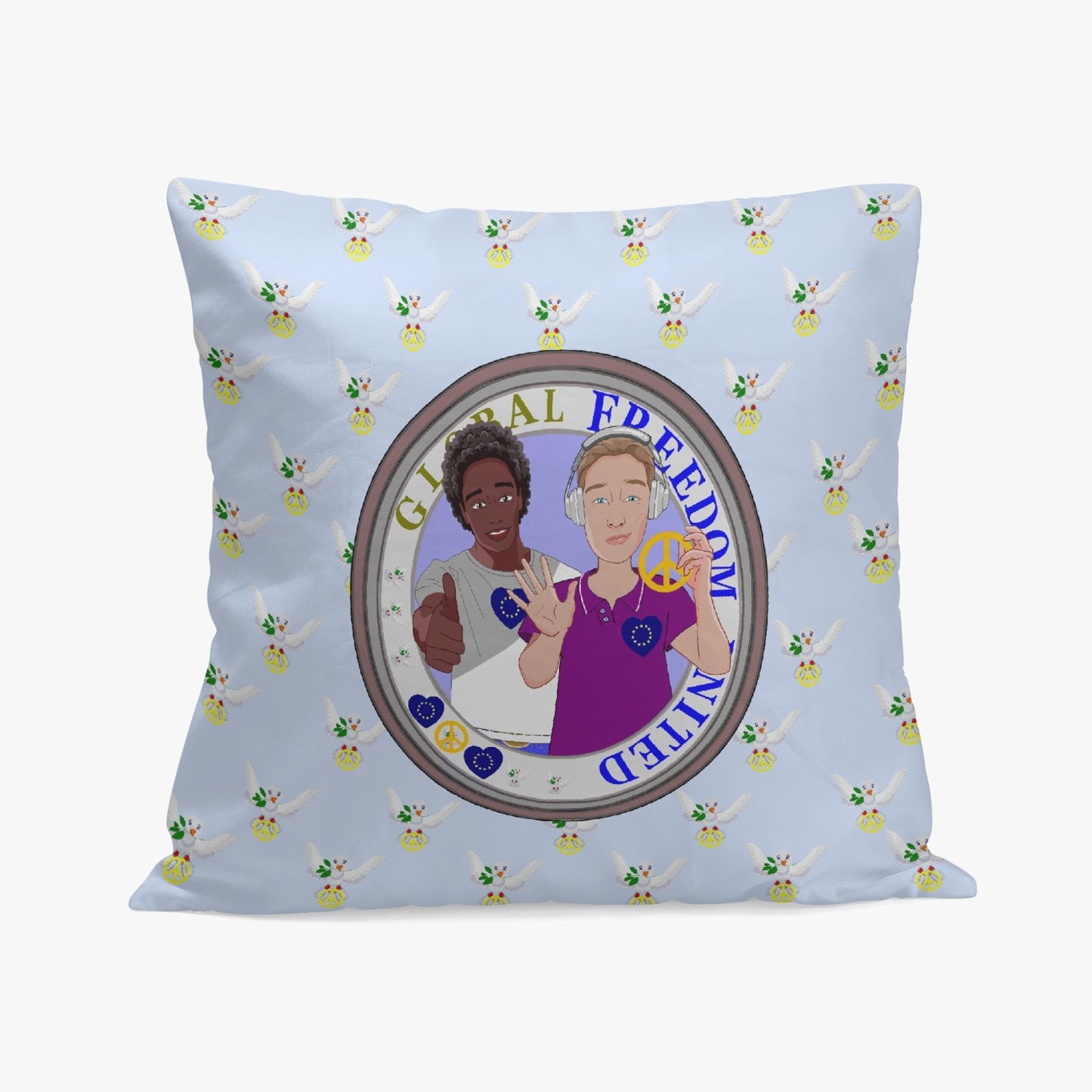 GLOBAL FREEDOM UNITED© Men Anti Fascism & Racism Old Peace LIGHT BLUE EU 18'' Square Pillow Cover