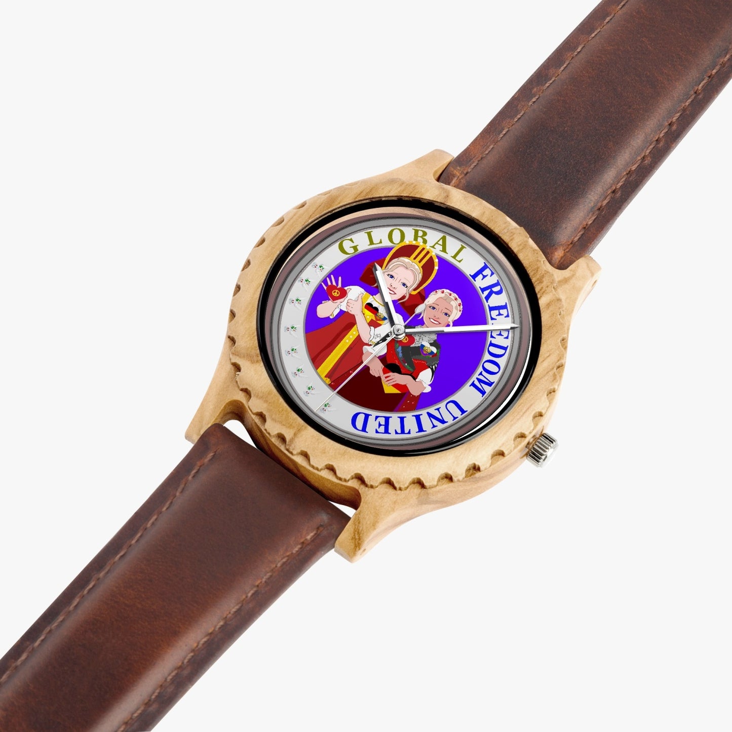 GLOBAL FREEDOM UNITED RUSSIA & GERMANY OLD PEACE Italian Olive Lumber Wooden Watch - Leather Strap