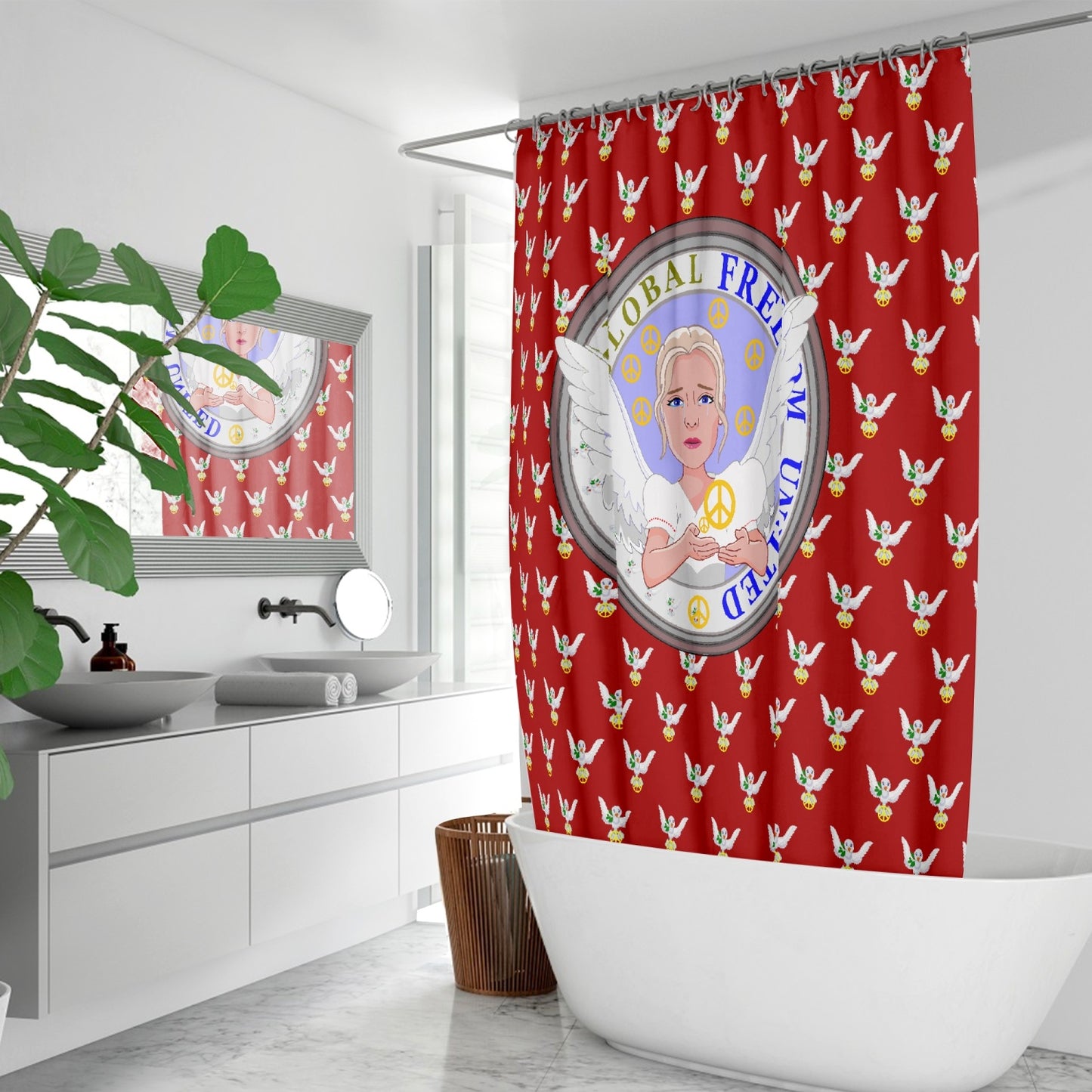 Quick-drying Shower Curtain GLOBAL FREEDOM UNITED WOMEN ANGEL OF PEACE RED