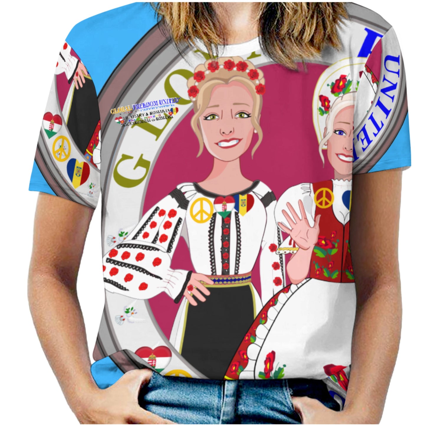 Full Print T-shirt 3 GLOBAL FREEDOM UNITED© Women Romania & Hungary Blue