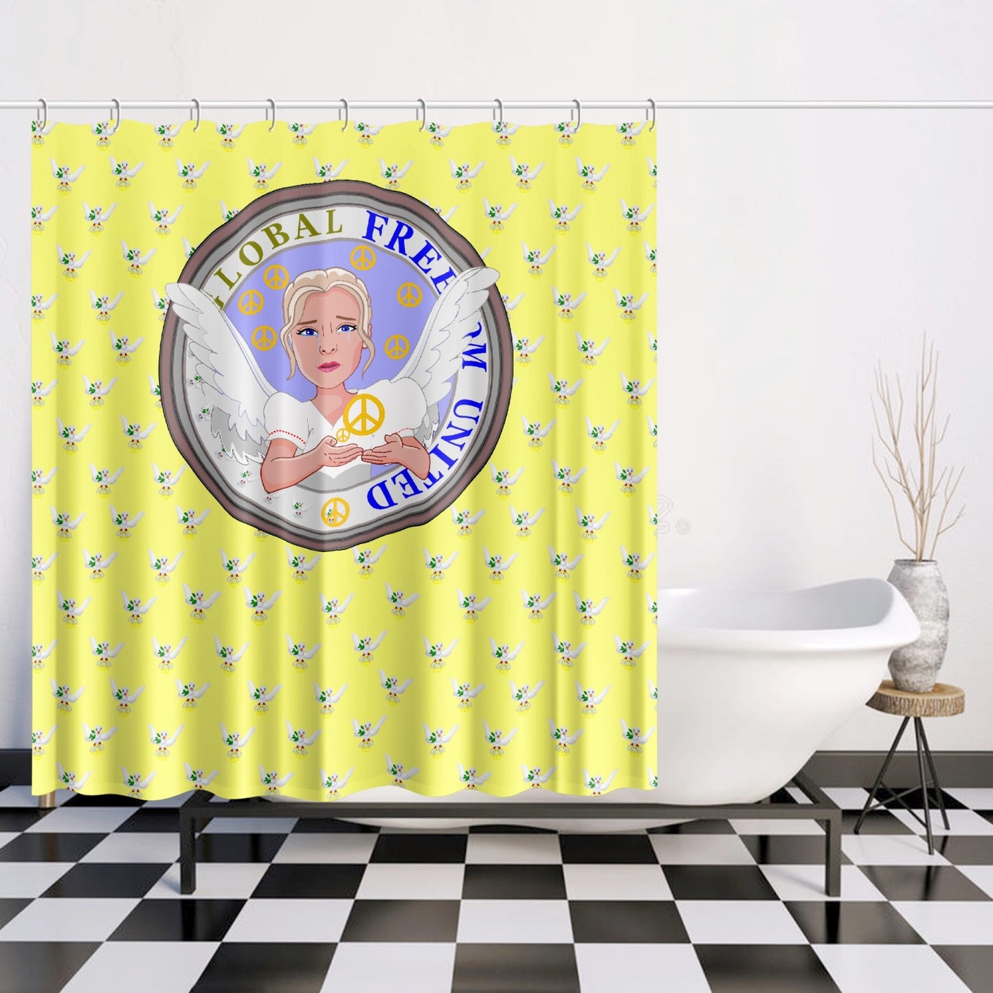 Quick-drying Shower Curtain GLOBAL FREEDOM UNITED WOMEN ANGEL OF PEACE YELLOW
