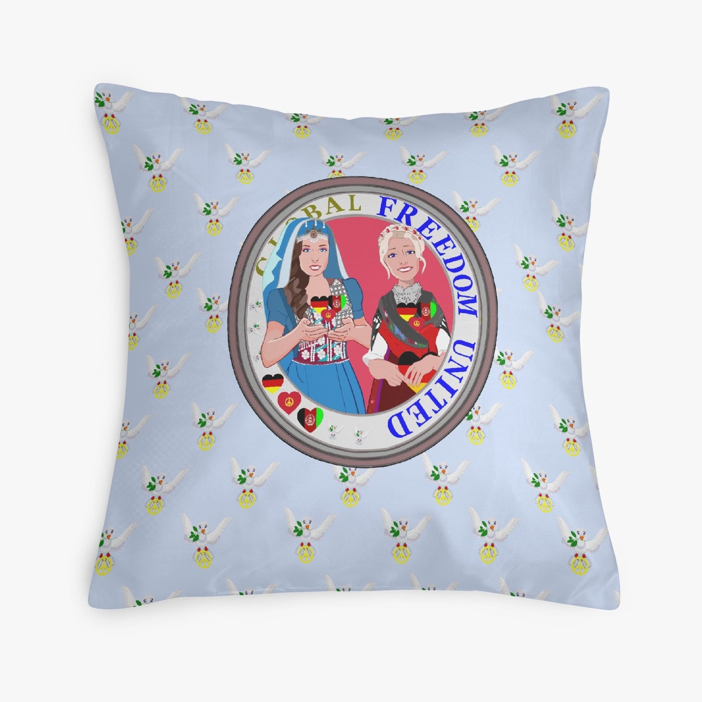 GLOBAL FREEDOM UNITED© Women AFGHANISTAN & GERMANY LIGHT BLUE 18'' Square Pillow Cover