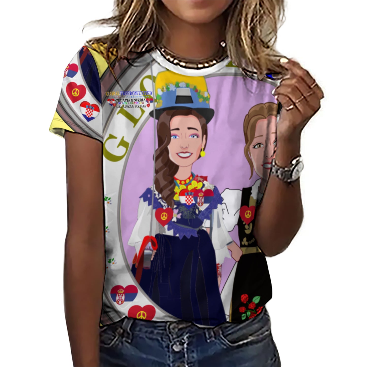Women´s T-shirt 2 Global Freedom United Women Croatia & Serbia Old Peace Yellow