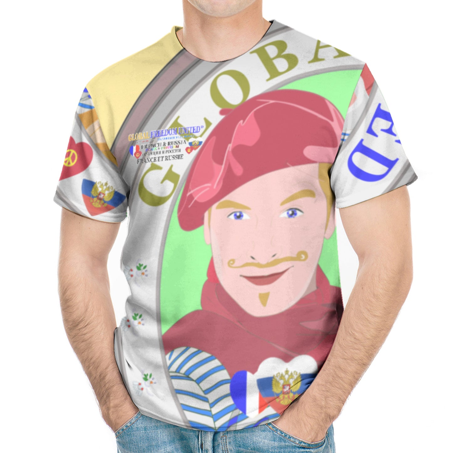 Mens´s T-shirt GLOBAL FREEDOM UNITED© French & Russia Old Peace Yellow Version 2