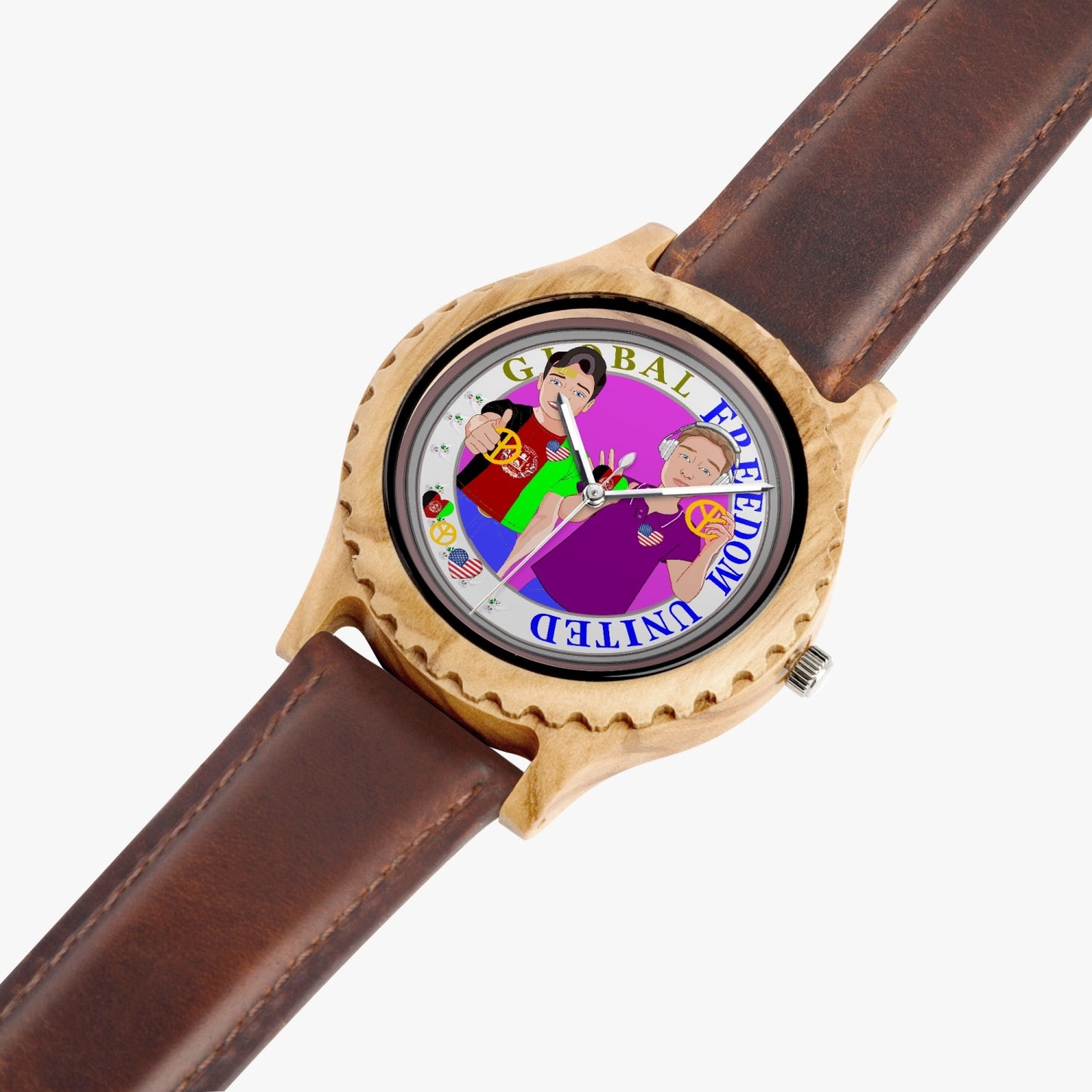 GLOBAL FREEDOM UNITED© Men AFGHANISTAN & USA -  Italian Olive Lumber Wooden Watch - Leather Strap