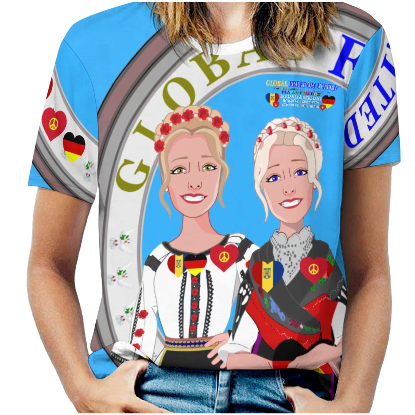 Women´s T-shirt 3 GLOBAL FREEDOM UNITED© Women Romania & Germany Blue