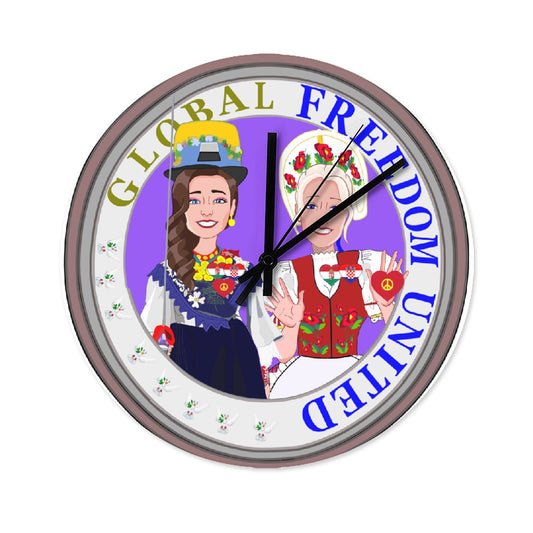 Wooden Wall Clock Without Scale GLOBAL FREEDOM UNITED© Women Croatia & Hungary Ring