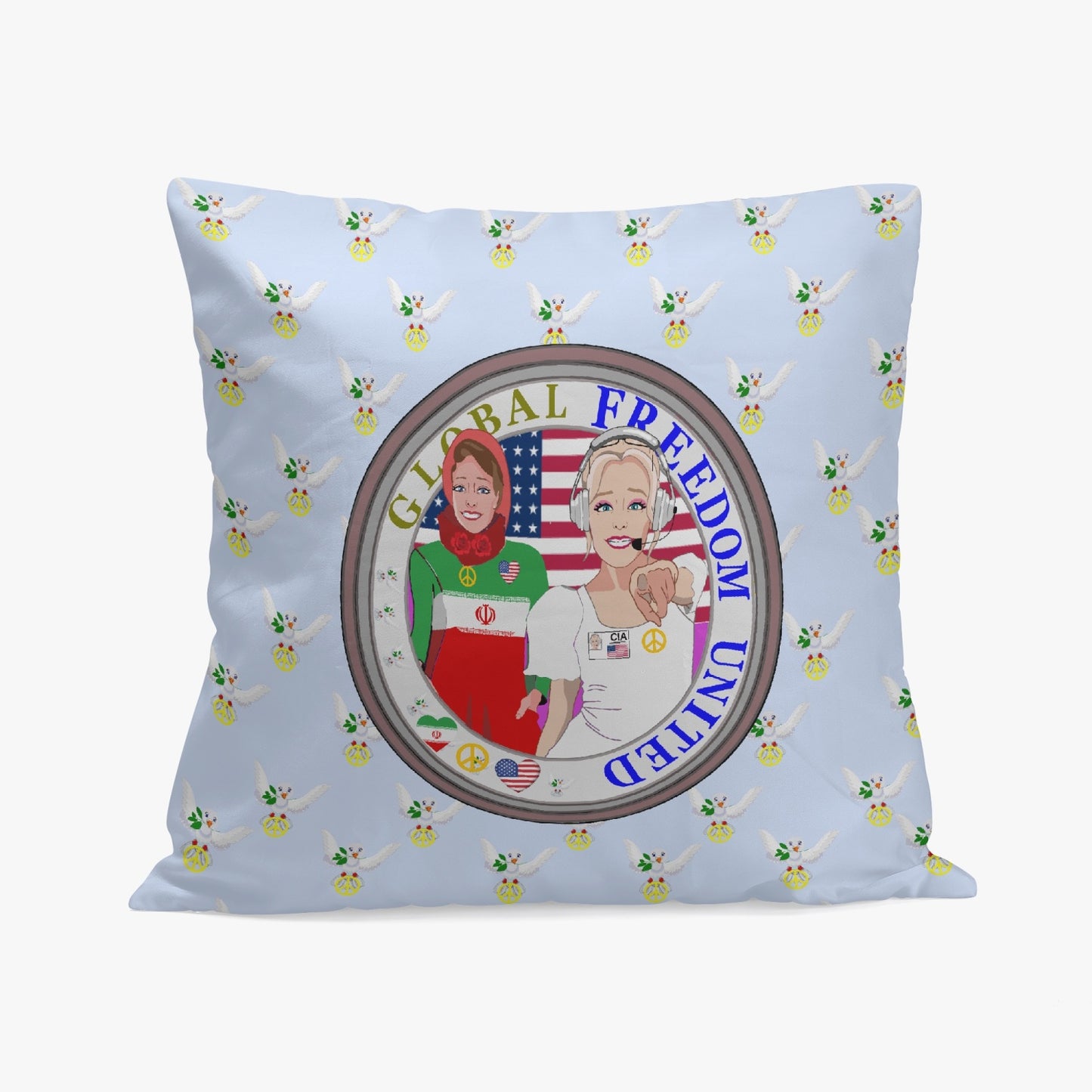GLOBAL FREEDOM UNITED© Women IRAN & USA LIGHT BLUE 18'' Square Pillow Cover