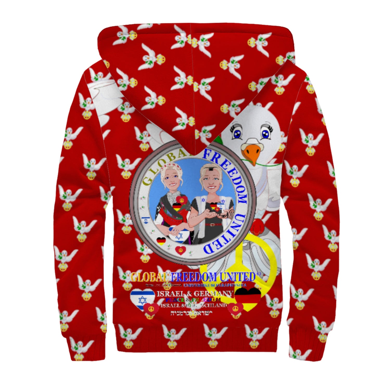 Plush Hoodie GLOBAL FREEDOM UNITED© Women Israel & Germany Old Peace Red