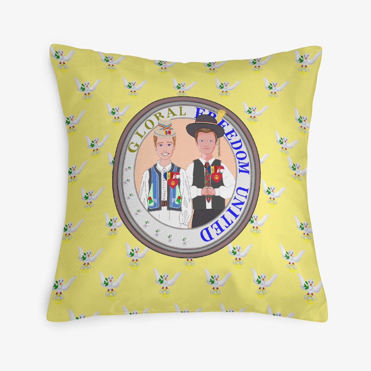 GLOBAL FREEDOM UNITED© Men ROMANIA & HUNGARY Yellow 18'' Square Pillow Cover