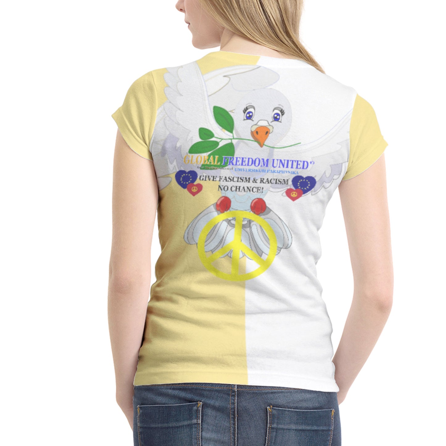 Women´s T-shirt 1 GLOBAL FREEDOM UNITED© Anti Fascism & Racism EU Yellow