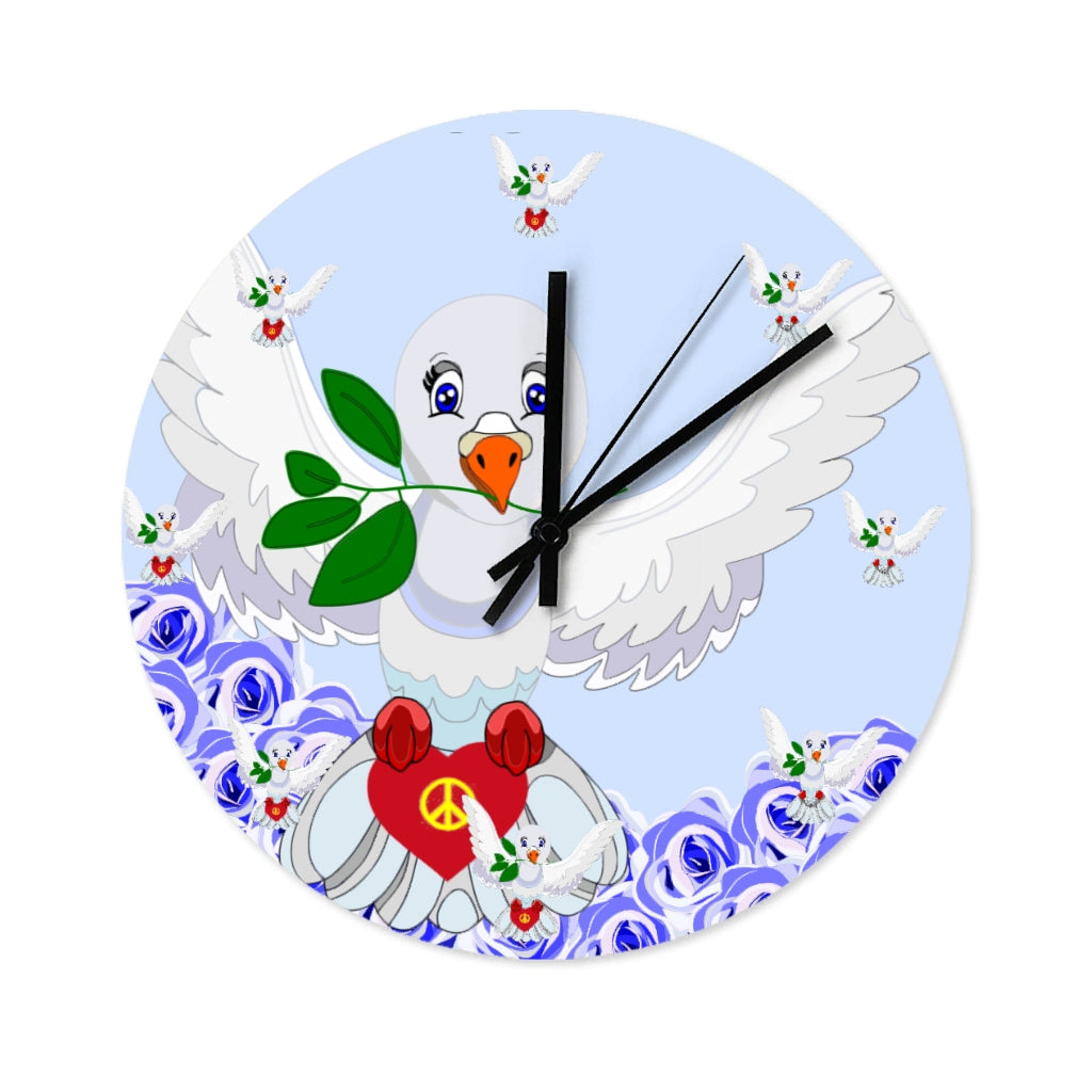 Wooden Wall Clock Without Scale GLOBAL FREEDOM UNITED© Dove Of Peace Roses Blue