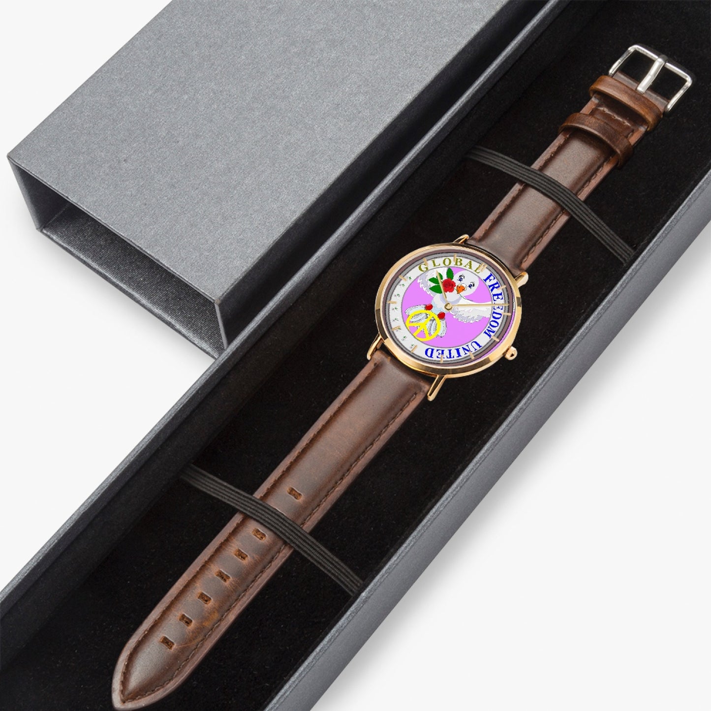 GLOBAL FREEDOM UNITED DOVE OF PEACE OLD PEACE RED ROSES Hot Selling Ultra-Thin Leather Strap Quartz Watch (Rose Gold With Indicators)