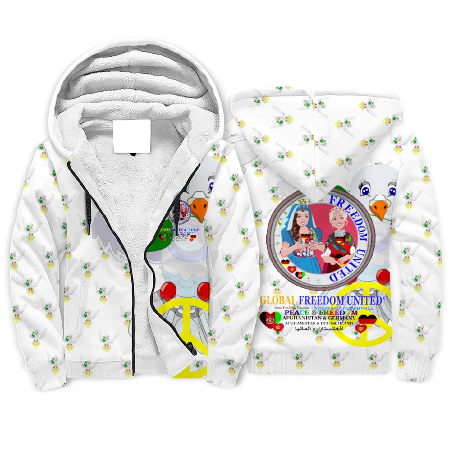 Plush Hoodie GLOBAL FREEDOM UNITED© AFGHANISTAN & GERMANY Wight Dove Of Peace