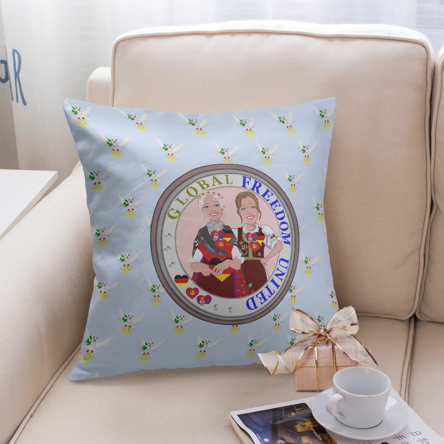 GLOBAL FREEDOM UNITED© Women SERBIA & GERMANY LIGHT BLUE V1 18'' Square Pillow Cover