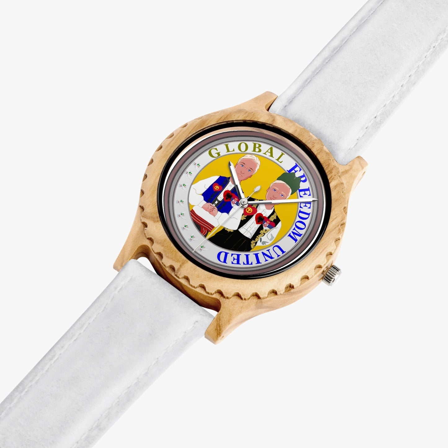 GLOBAL FREEDOM UNITED MEN ALBANIA & SERBIA NEW PEACE Italian Olive Lumber Wooden Watch - Leather Strap