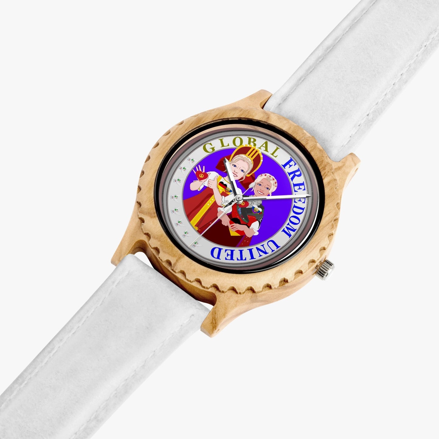 GLOBAL FREEDOM UNITED RUSSIA & GERMANY OLD PEACE Italian Olive Lumber Wooden Watch - Leather Strap