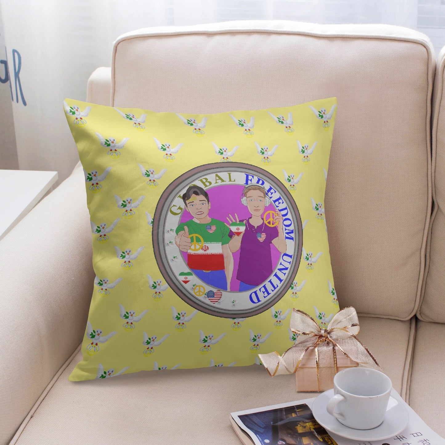 GLOBAL FREEDOM UNITED© Men IRAN & USA YELLOW  18'' Square Pillow Cover