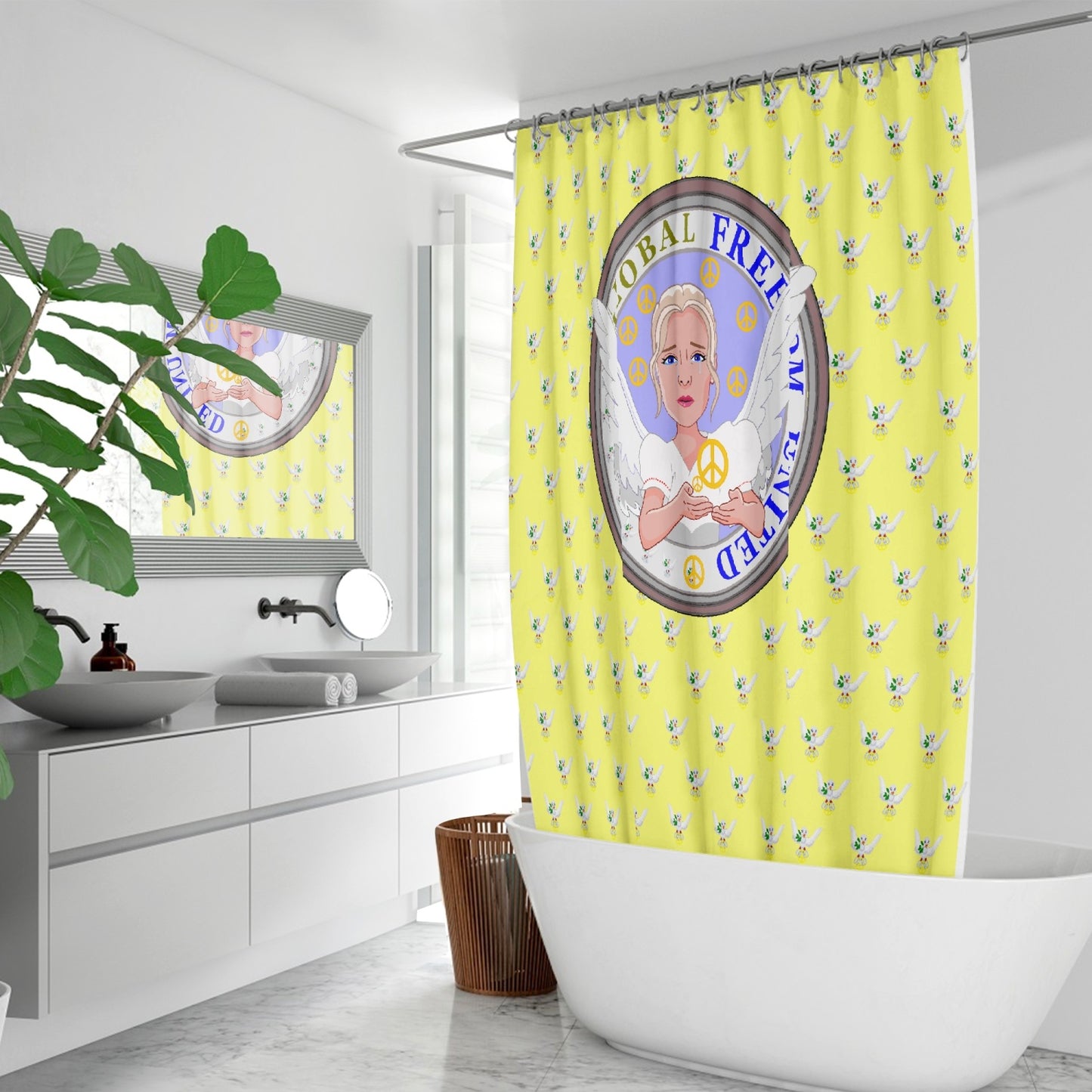 Quick-drying Shower Curtain GLOBAL FREEDOM UNITED WOMEN ANGEL OF PEACE YELLOW