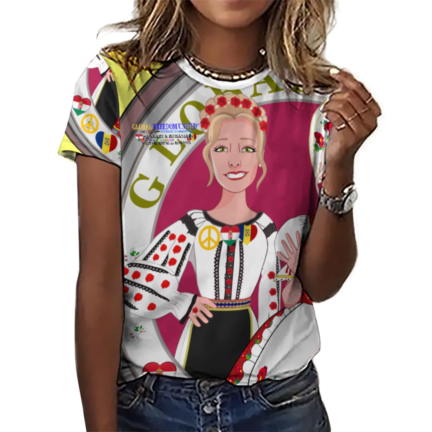 Full Print T-shirt 3 GLOBAL FREEDOM UNITED© Women Romania & Hungary Yellow