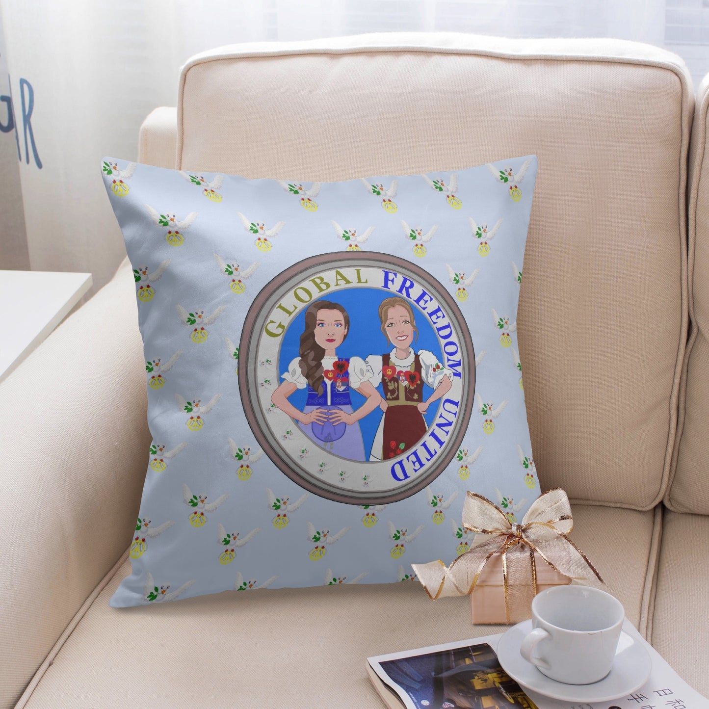GLOBAL FREEDOM UNITED© Women ALBANIA & SERBIA Light Blue 18'' Square Pillow Cover