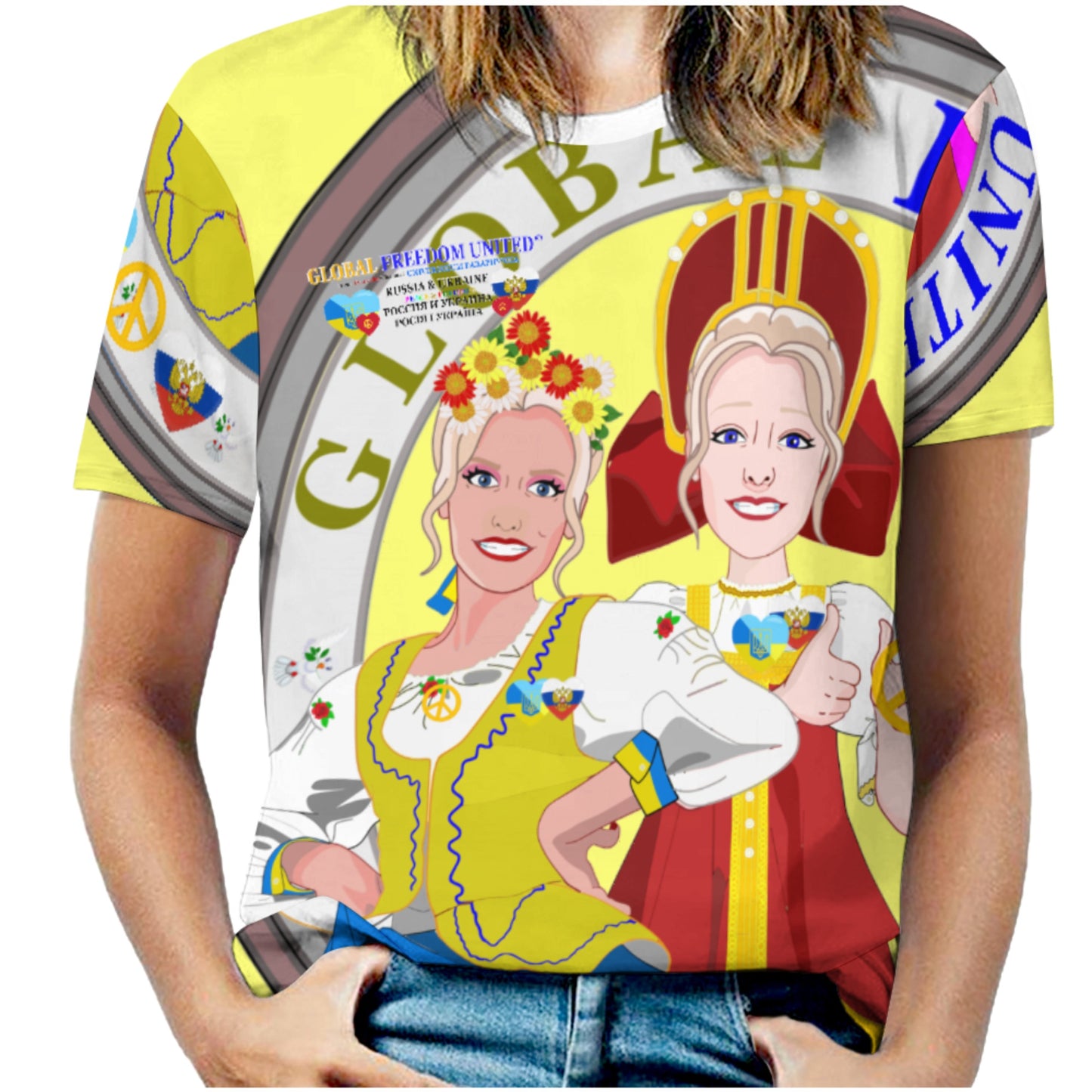 Women´s T-shirt 3 GLOBAL FREEDOM UNITED© Women Ukraina & Russia Yellow