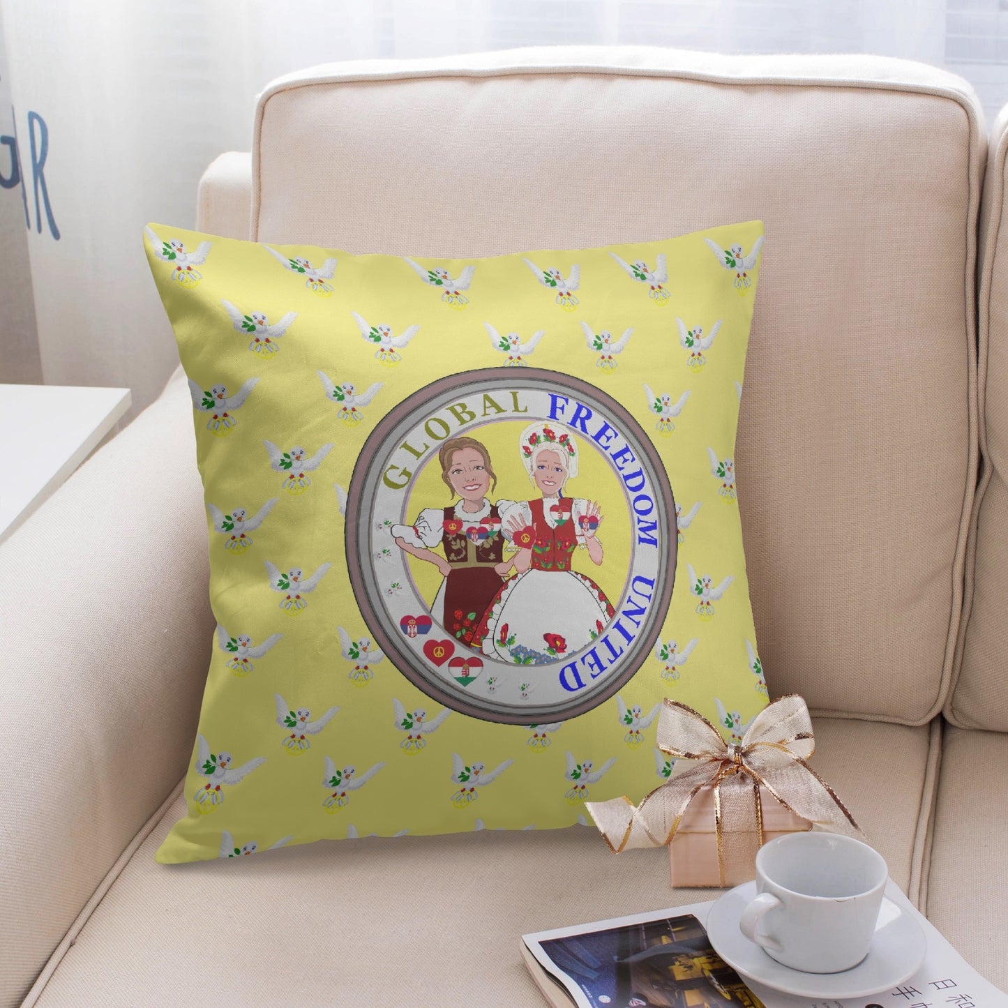 GLOBAL FREEDOM UNITED© WOMEN SERBIA & HUNGARY OLD PEACE YELLOW 18'' Square Pillow Cover