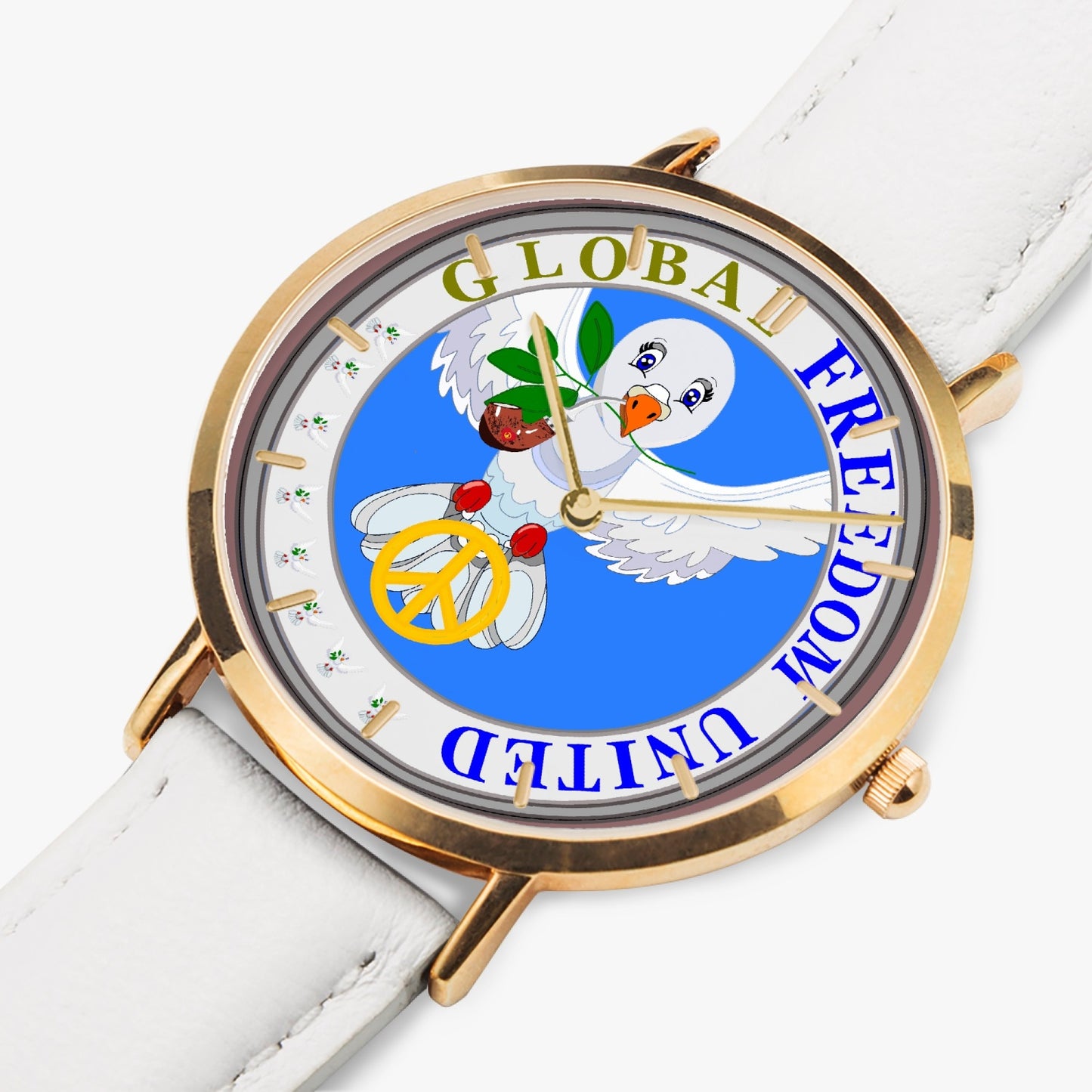 GLOBAL FREEDOM UNITED© Hot Selling Ultra-Thin Leather Strap Quartz Watch (Rose Gold With Indicators) DOVE OF PEACE  BLUE WITH PIPE