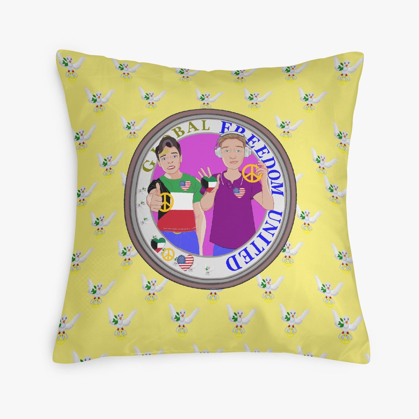 GLOBAL FREEDOM UNITED© Men KUWAIT & USA YELLOW  18'' Square Pillow Cover