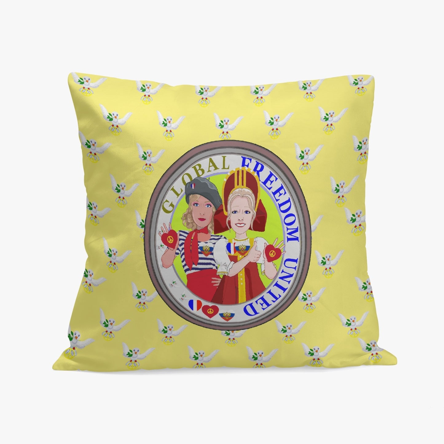 GLOBAL FREEDOM UNITED© Women FRENCH & RUSSIA Yellow 18'' Square Pillow Cover