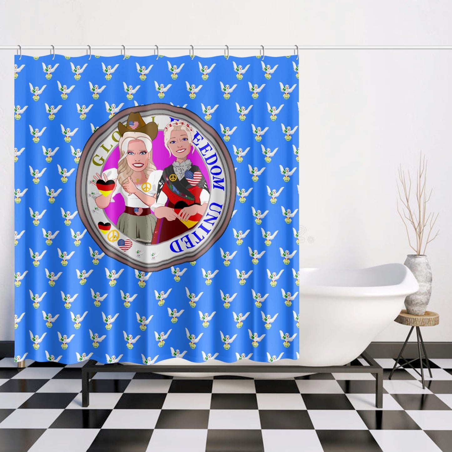 SHOWER CURTAIN GLOBAL FREEDOM UNITED WOMEN GERMANY & USA OLD PEACE BLUE