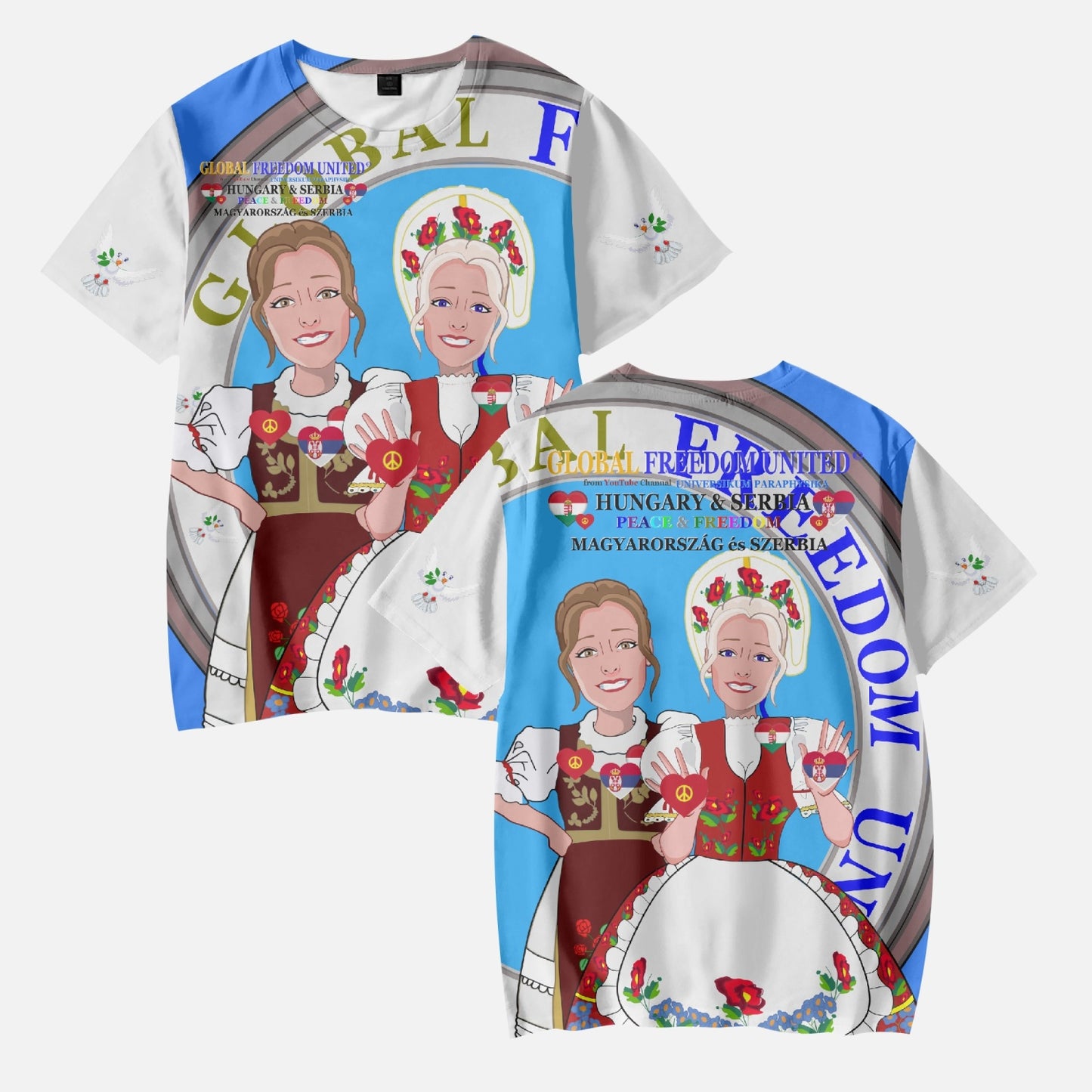 GLOBAL FREEDOM UNITED GIRLS SERBIA & HUNGARIE OLD PEACE BLUE AOP Kids' Short T-Shirts
