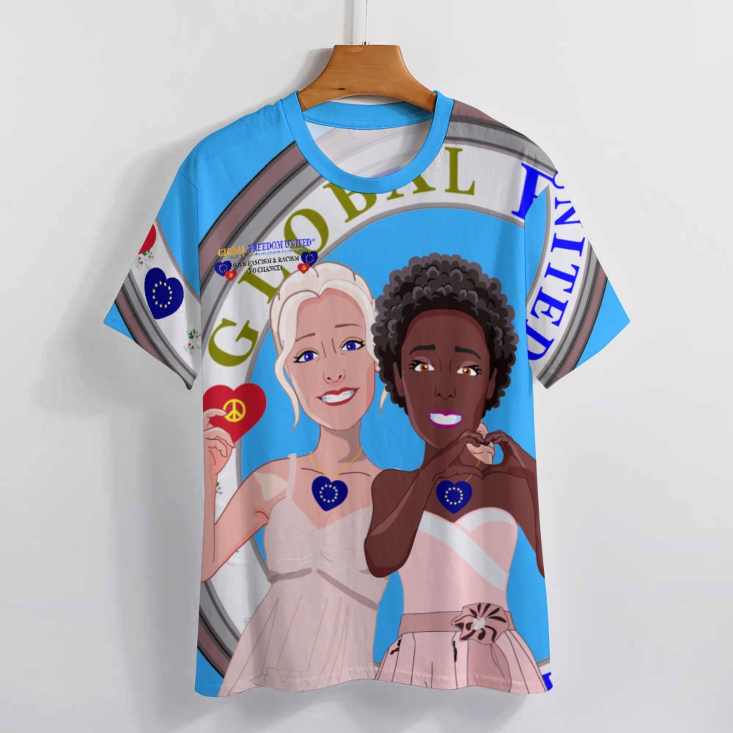 Women´s T-shirt 3 GLOBAL FREEDOM UNITED© Anti Fascism & Racism Old Peace  EU Blue