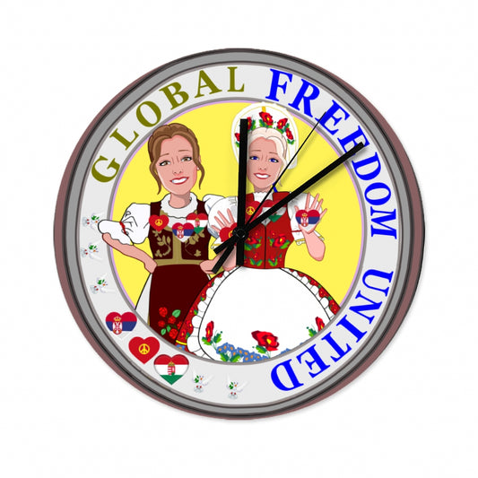 Wooden Wall Clock Without Scale GLOBAL FREEDOM UNITED© Women Serbia & Hungary Old Peace