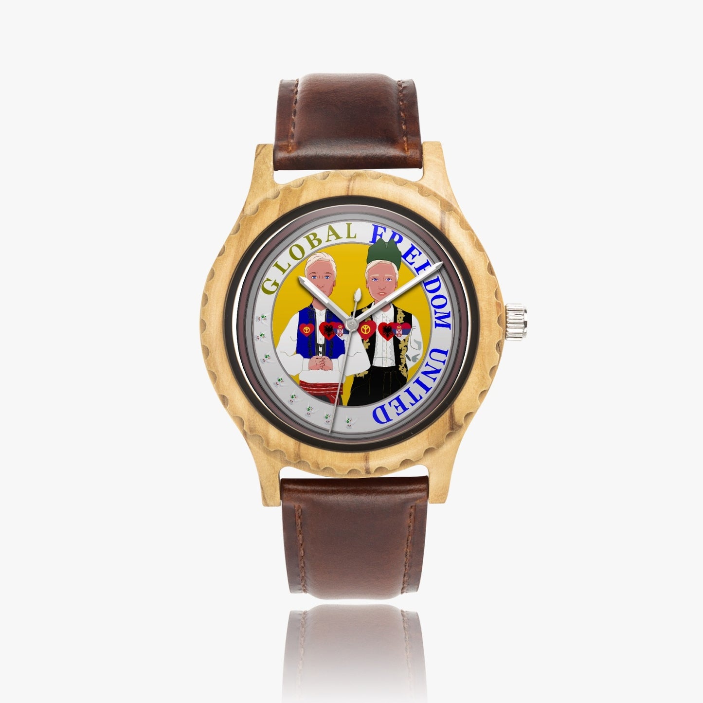 GLOBAL FREEDOM UNITED MEN ALBANIA & SERBIA NEW PEACE Italian Olive Lumber Wooden Watch - Leather Strap