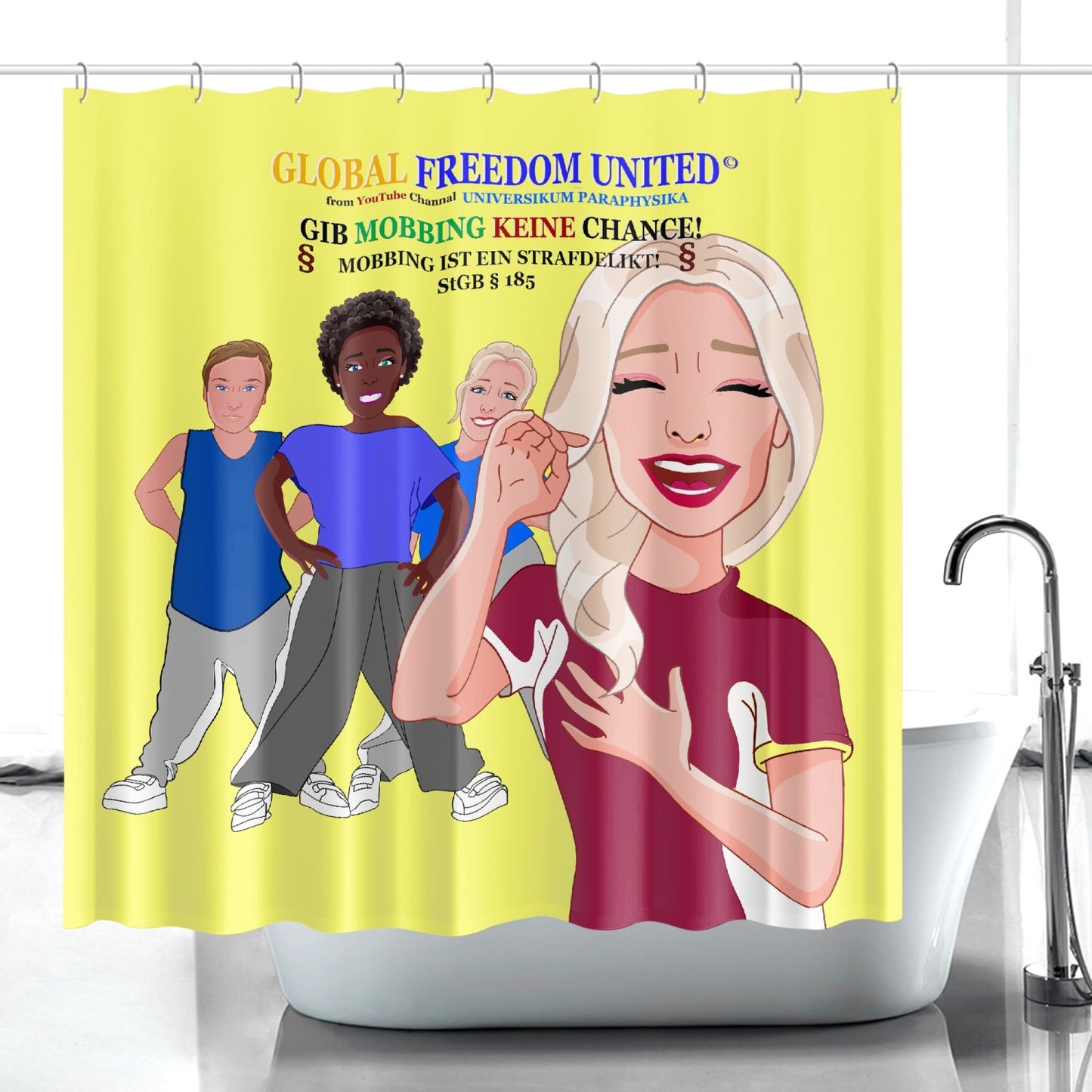 Quick-drying Shower Curtain GLOBAL FREEDOM UNITED GIB MOBBING KEINE CHANCE GERMAN YELLOW