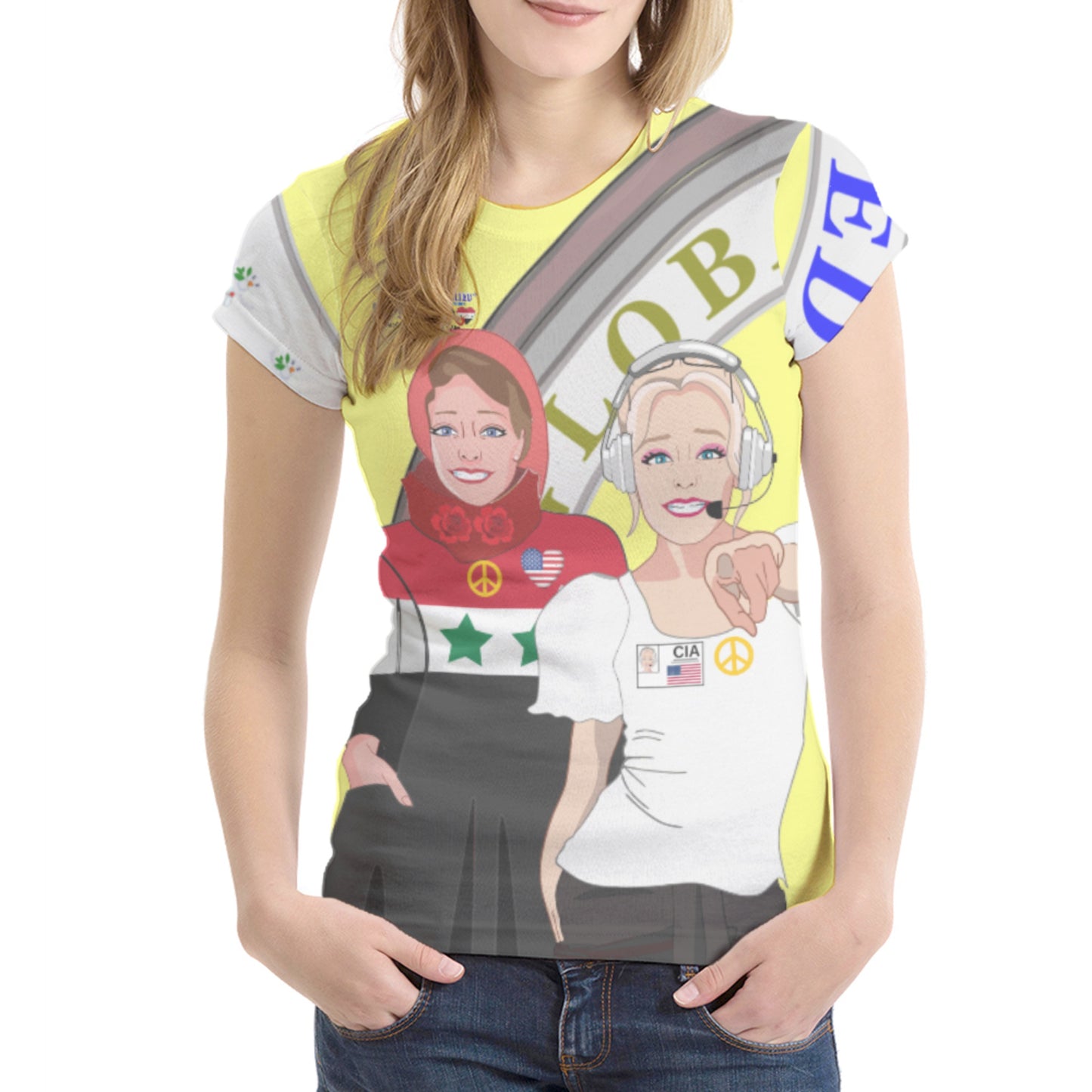Women´s T-shirt 2 Global Freedom United Syria & Usa Old Peace Yellow