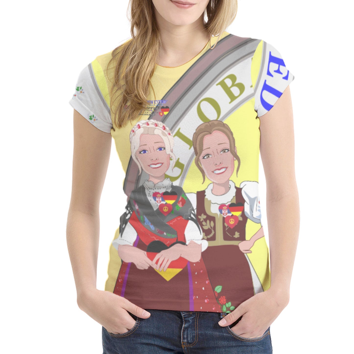 Women´s T-shirt 1 GLOBAL FREEDOM UNITED© Women Serbia & Germany V2 Yellow