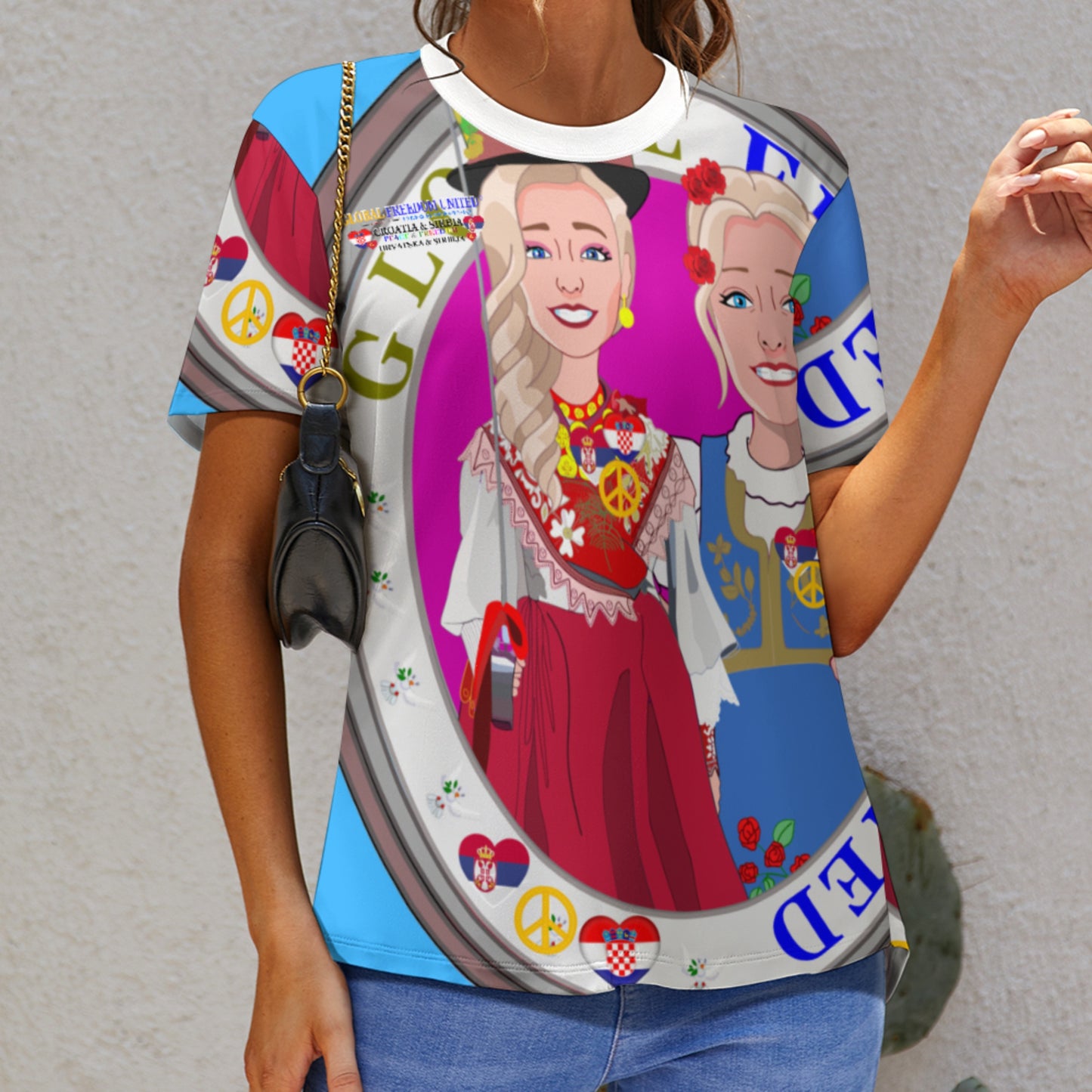 Women´s T-shirt 2 GLOBAL FREEDOM UNITED© Women Croatia & Serbia Blondi Blue