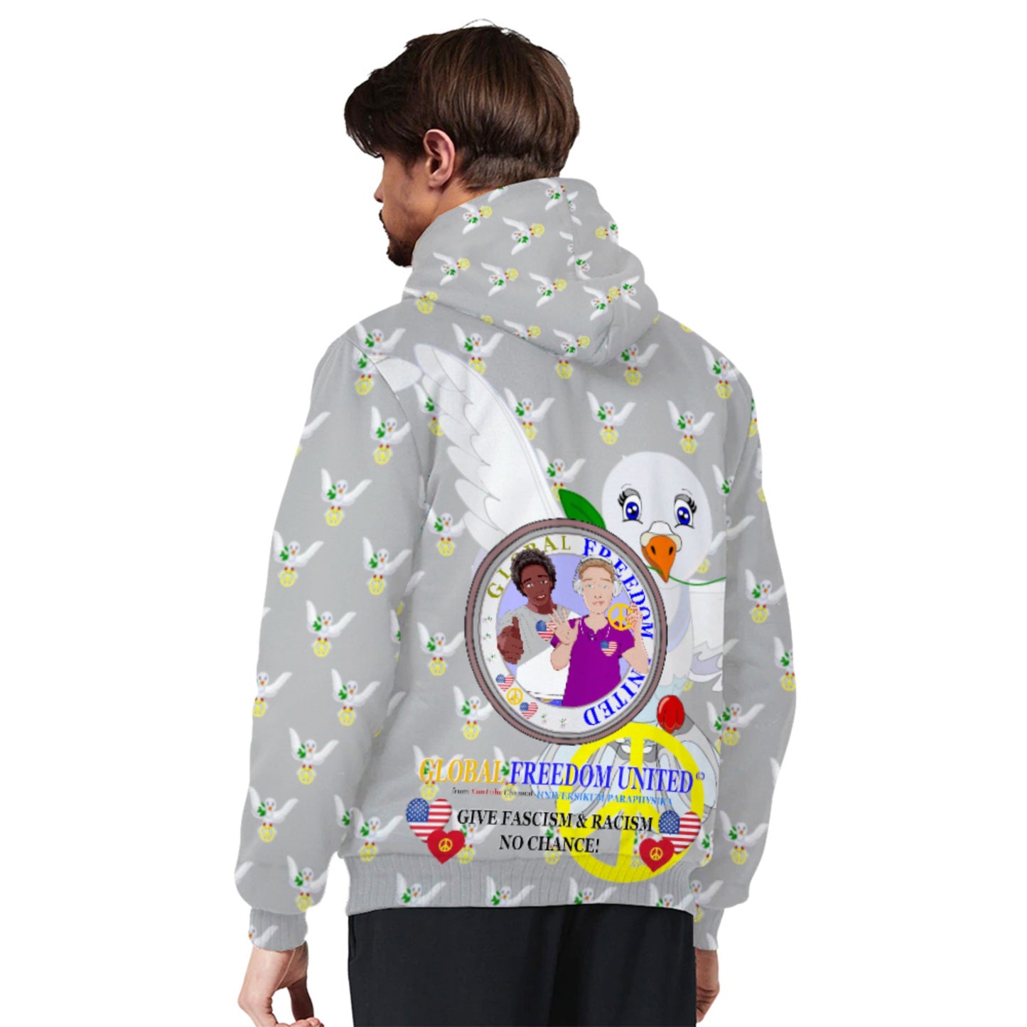 Plush Hoodie GLOBAL FREEDOM UNITED© Men Anti Fascism & Racism USA Grey