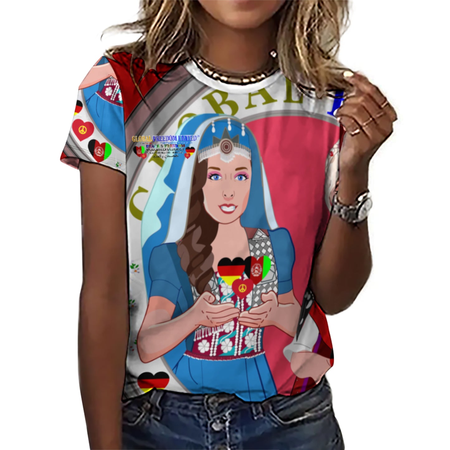 Full Print T-shirt Global Freedom United Women Afghanistan & Germany Old Peace Red