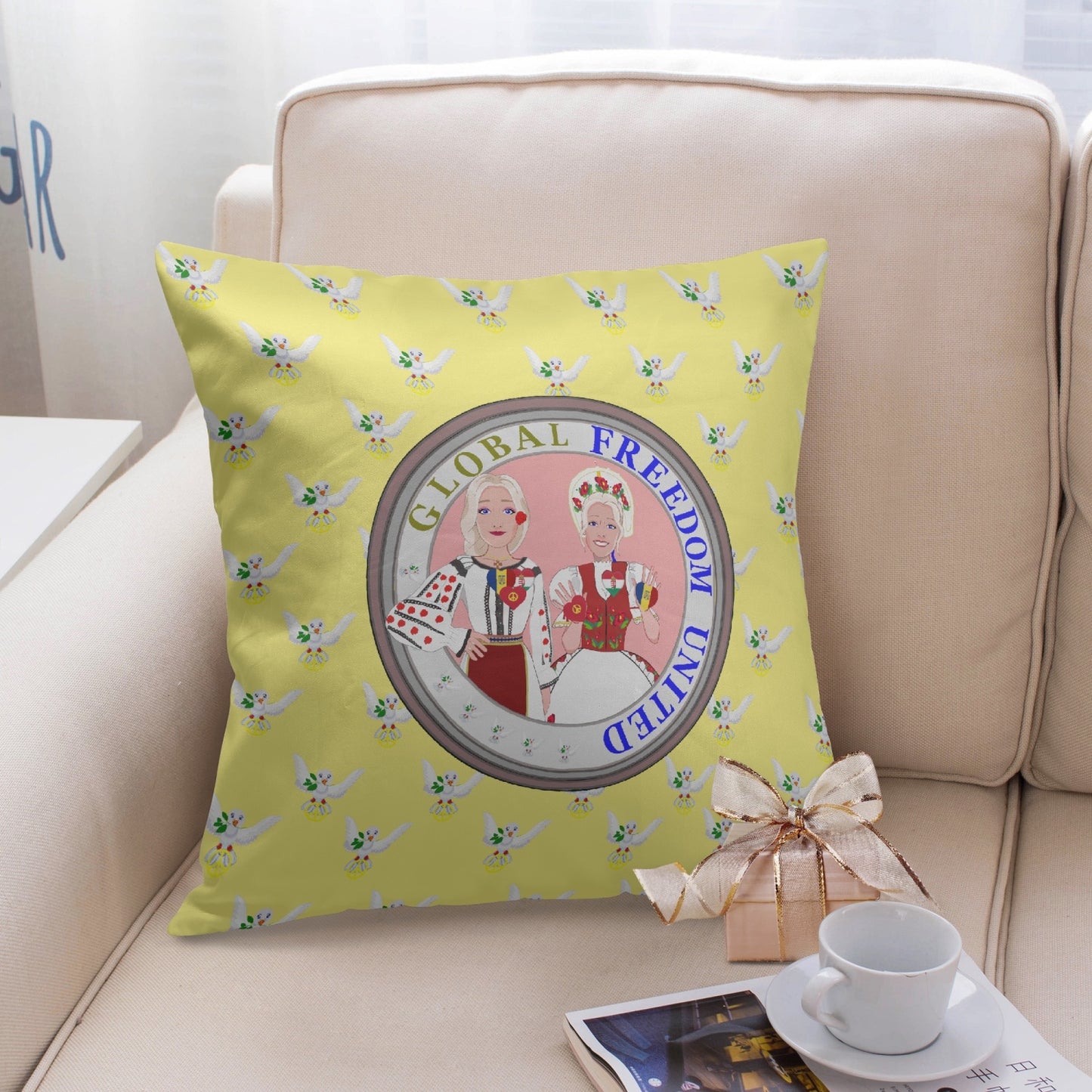 GLOBAL FREEDOM UNITED WOMEN ROMANIA & HUNGARY OLD PEACE YELLOW V1 18'' Square Pillow Cover