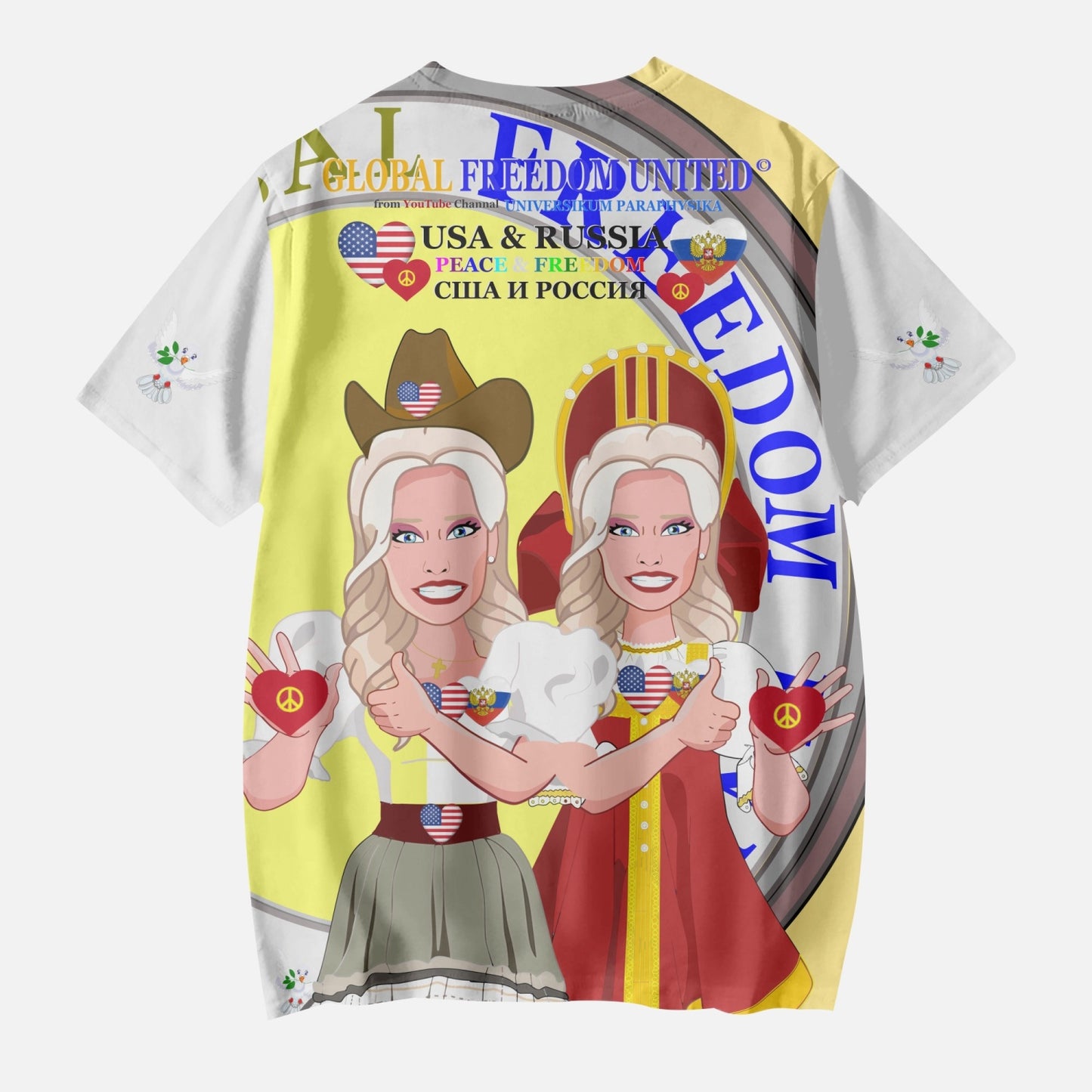 GLOBAL FREEDOM UNITED GIRLS USA & RUSSIA OLD PEACE YELLOW AOP Kids' Short T-Shirts